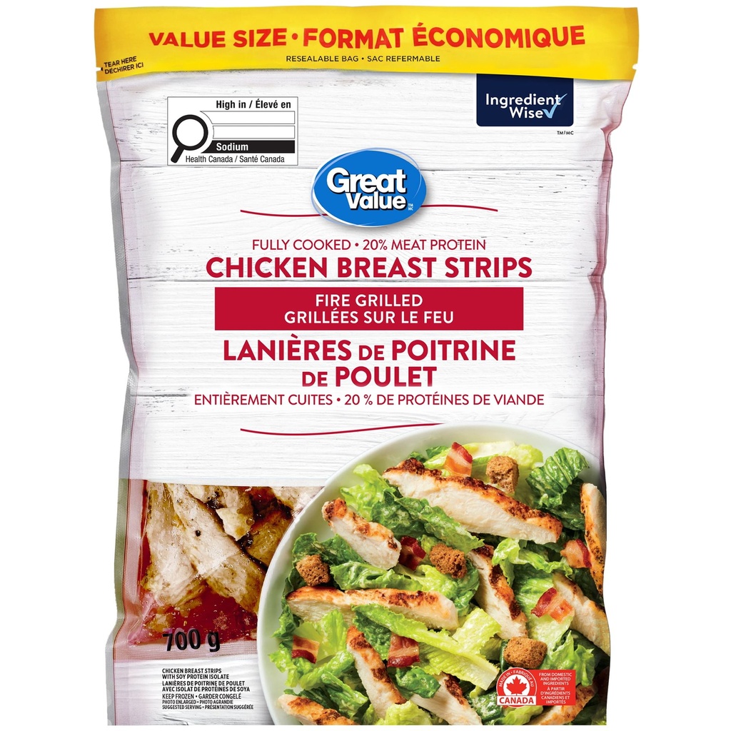 Great Value GV Lanieres de Poitrine de Poulet, Entierement cuites 700g