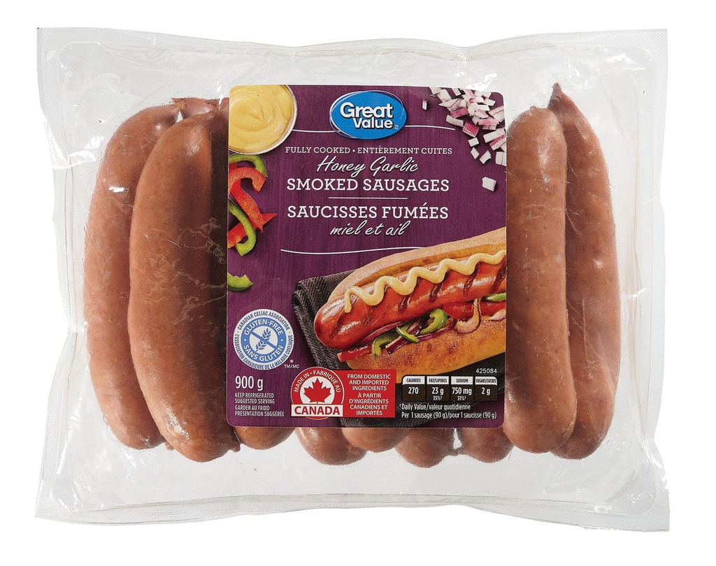 Saucisses fumées miel et ail de Great Value 900g