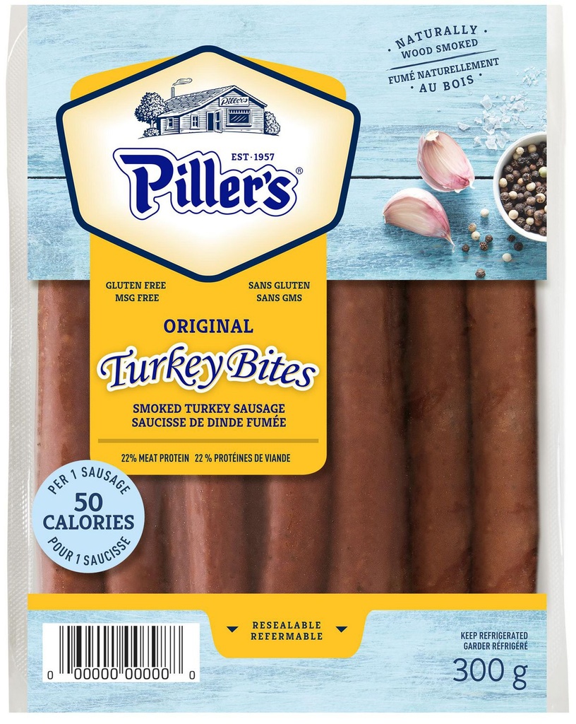 Saucisses de dinde sans gluten Original Turkey BitesMD de Piller's, Riche en protéines 300 grammes