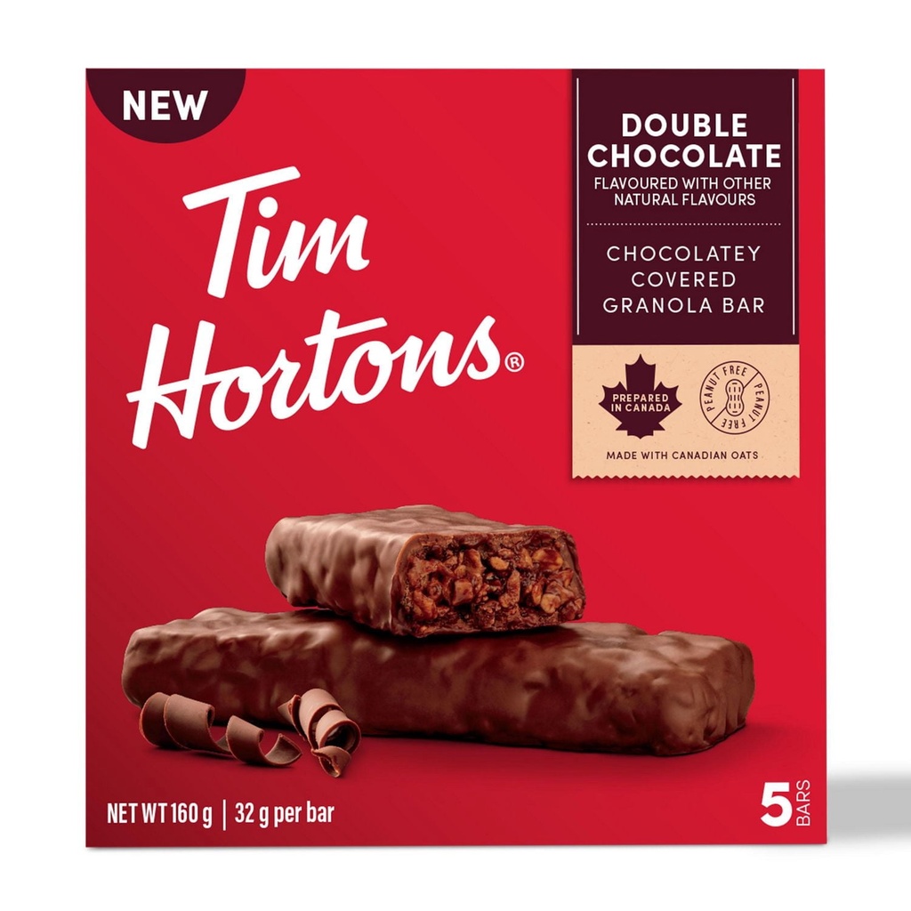 Barres granola Tim Hortons, saveur double chocolat, sans arachides, emballées individuellement, faites avec de l’avoine canadienne, paquet de 5