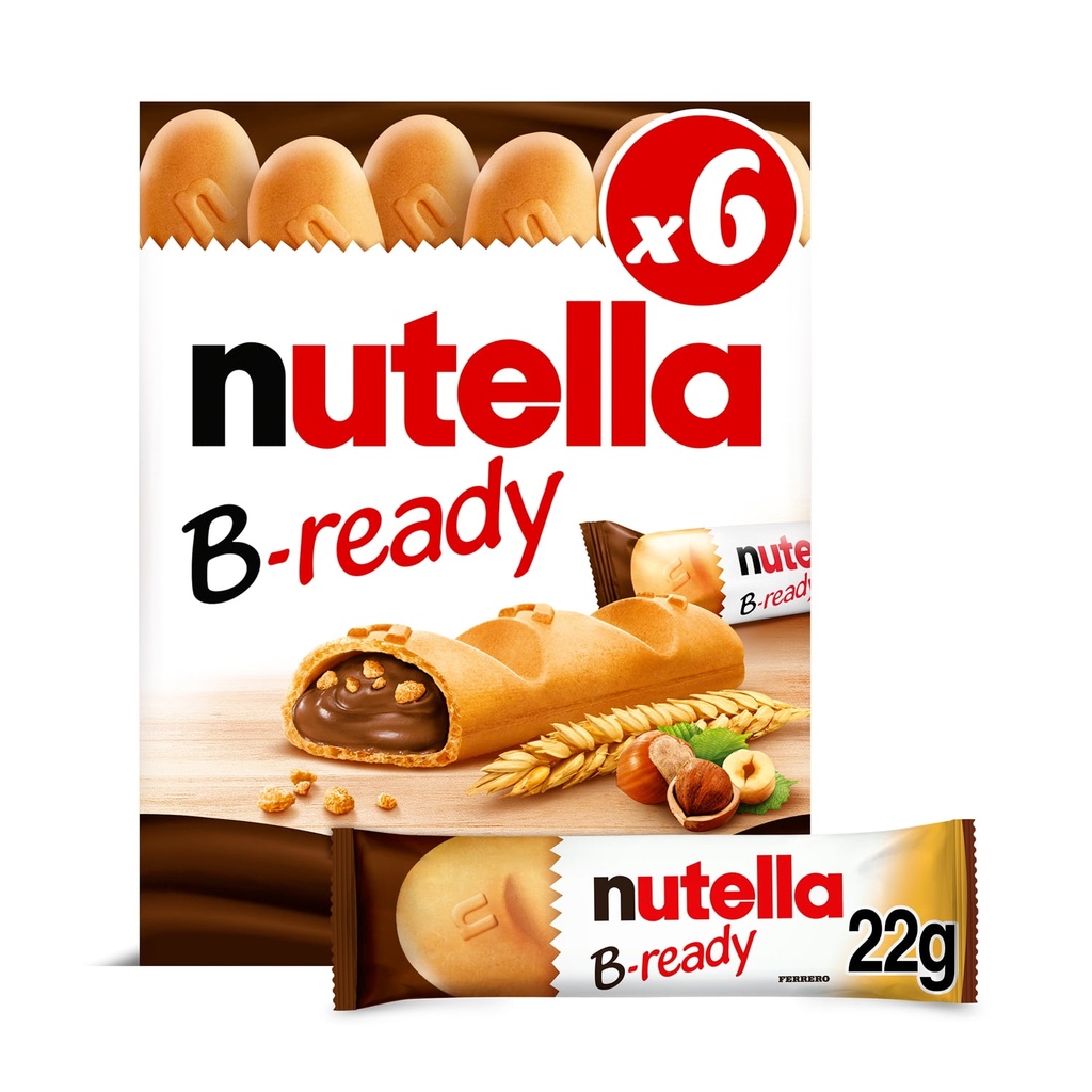 NUTELLA B-READY, Barres Collation, Gaufrette Croustillante Fourrée au Délicieux NUTELLA, 6x22g