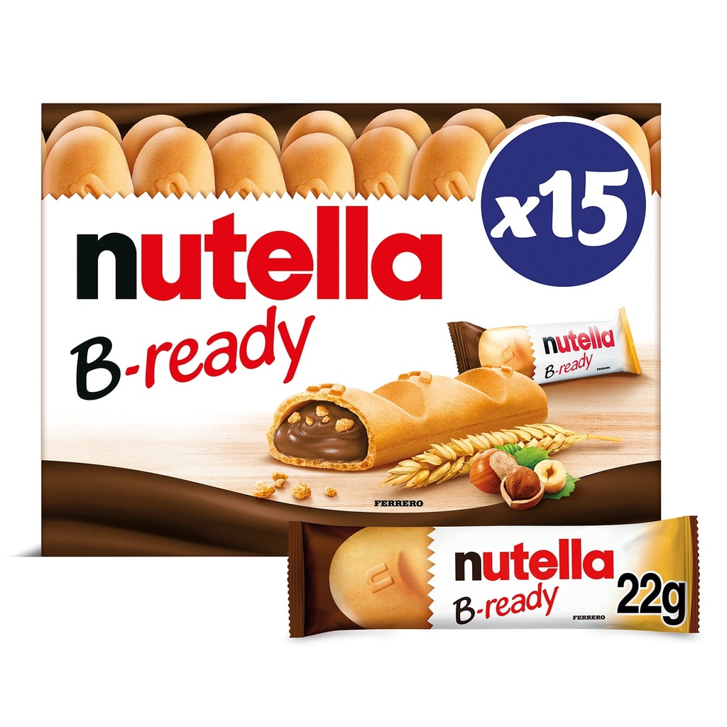 NUTELLA B-READY, Barres de Collation, Gaufrette Croustillante Remplie de Délicieux NUTELLA, 15x22g