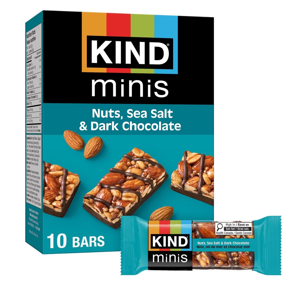 Kind Bar KIND Minis, Barres Collation aux Noix, Sel de Mer & Chocolat Noir, 20g, 10 Barres