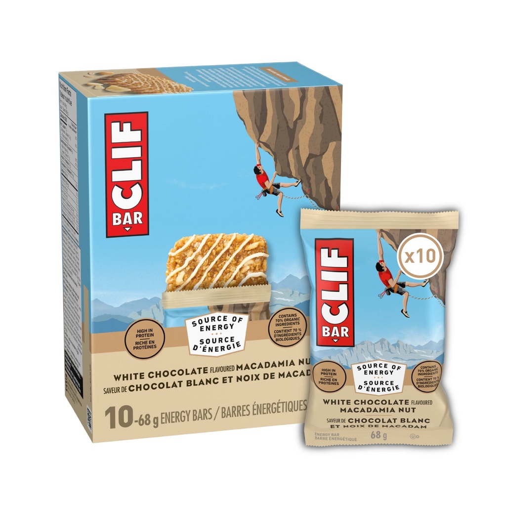 CLIF BAR Barres Énergétiques, Chocolat Blanc et Noix de Macadamia, Barre Granola, Riche en Protéines, Contient 70 % d'Ingrédients Biologiques 10 Barres