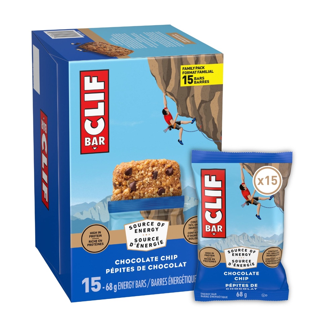 CLIF BAR Barres Énergétiques, Pépites de Chocolat, Barre Granola, Riche en Protéines, Contient 70 % d'Ingrédients Biologiques Boîte de 15 Barres