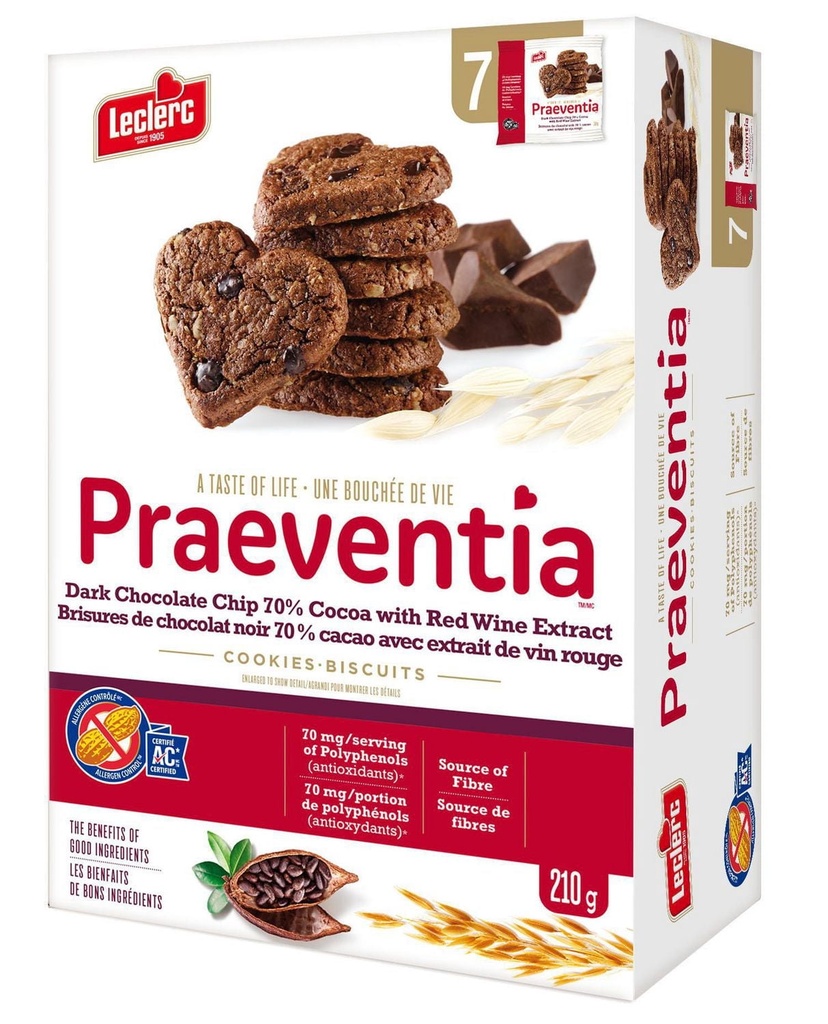 Biscuits Praeventia Brisures de Leclerc Chocolat noir 70 % cacao avec extrait de vin rouge