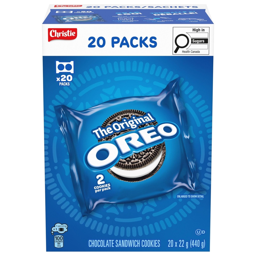 Biscuits-sandwiches au chocolat OREO L’original, 20 sachets Snak Paks (emballés individuellement), 40 biscuits, collations pour l’école, collations pour la boîte à lunch, fête d'anniversaire