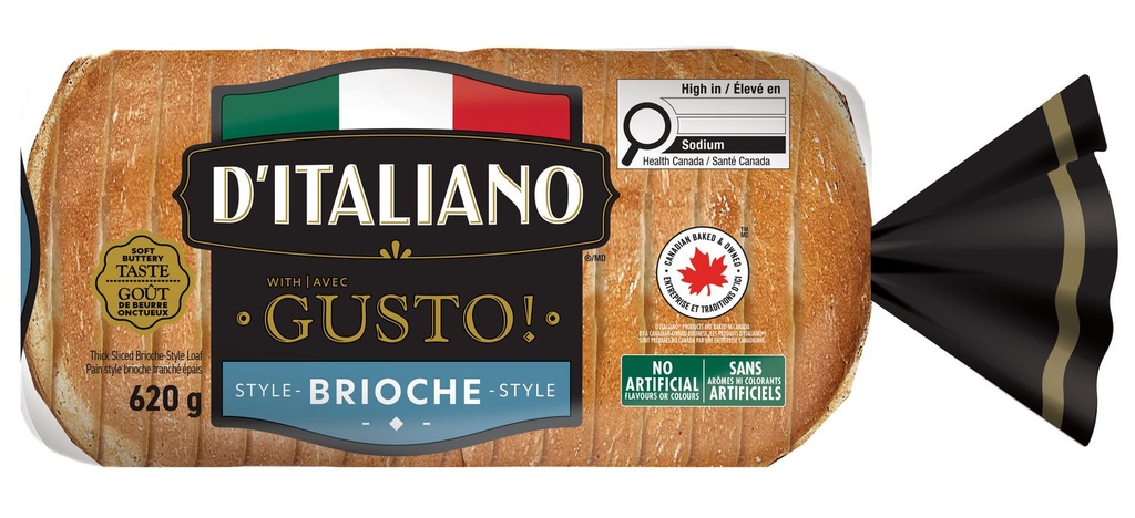 D'Italiano® Pain à tranchés épais style brioche D'Italiano, Sans arômes ni colorants artificiels, 620 g