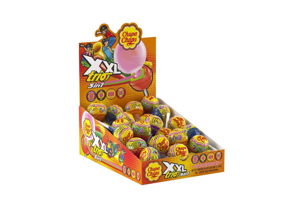 Chupa Chups, XXL Trio, Sucette fourrée à la gomme balloune, 29g
